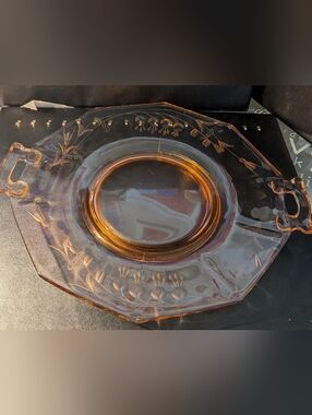 Octagonal Pink Depression Era Glass Serving Tray with Floral Etching